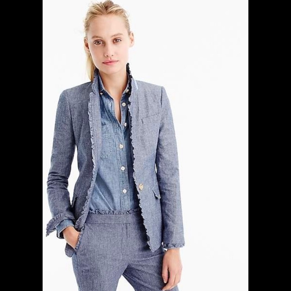 J.Crew Chambray Regent Blazer With Ruffle Trim - image 1